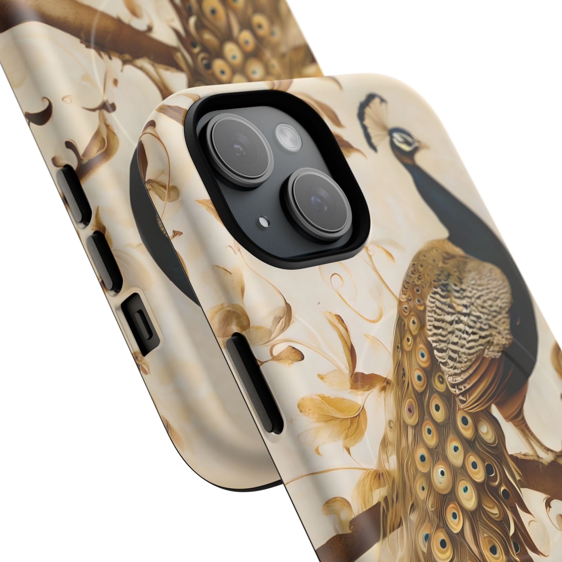 Golden Plumage - Luxe Peacock Art iPhone 15 Phone Case - MagSafe Compatible - Elegant Gold & Cream Design