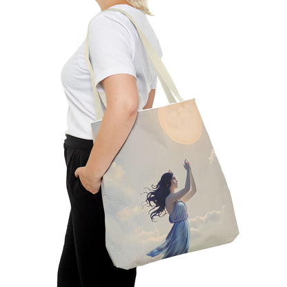 Moonlit Ascend Tote Bag (16x16 & 18x18)- Dreamy Nighttime Silhouette on Beige Canvas, Reusable & Eco-Friendly