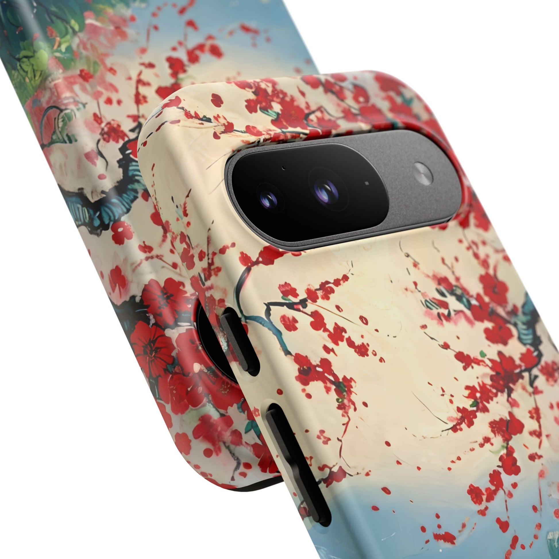 Crimson Blossom Lake - Artistic Floral Landscape Google Pixel 9 Tough Phone Case - Red Cherry Blossoms & Serene Lake Design
