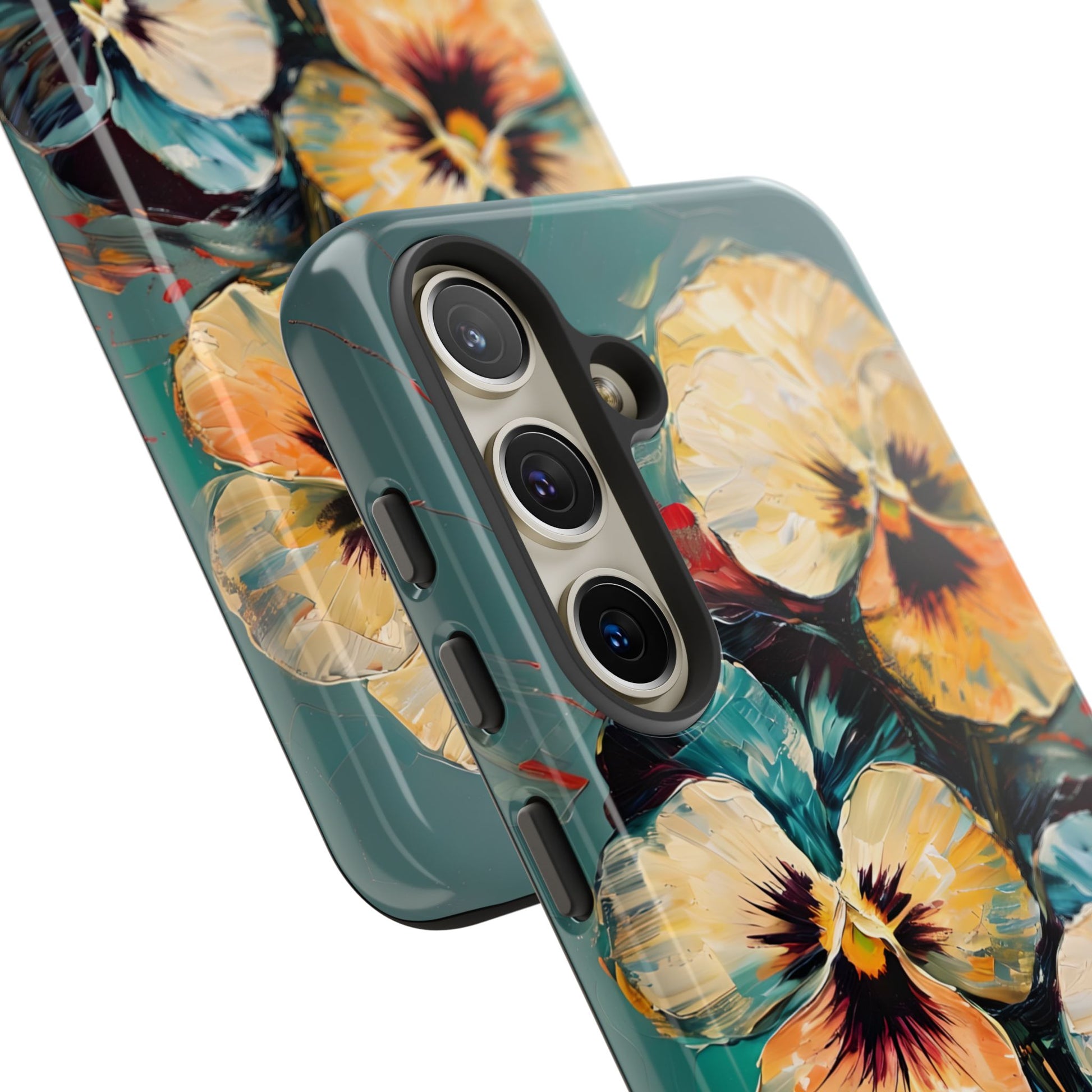 Golden Pansy Cascade Tough Case for Samsung Galaxy S24 - Floral Artistic Shockproof Cover, Elegant Protective Phone Case