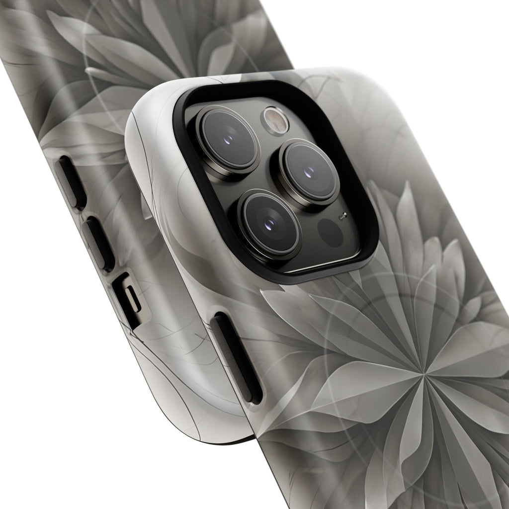 Silver Lotus - Elegant Monochrome Floral iPhone 14 Pro MagSafe Phone Case - Modern Lotus Design