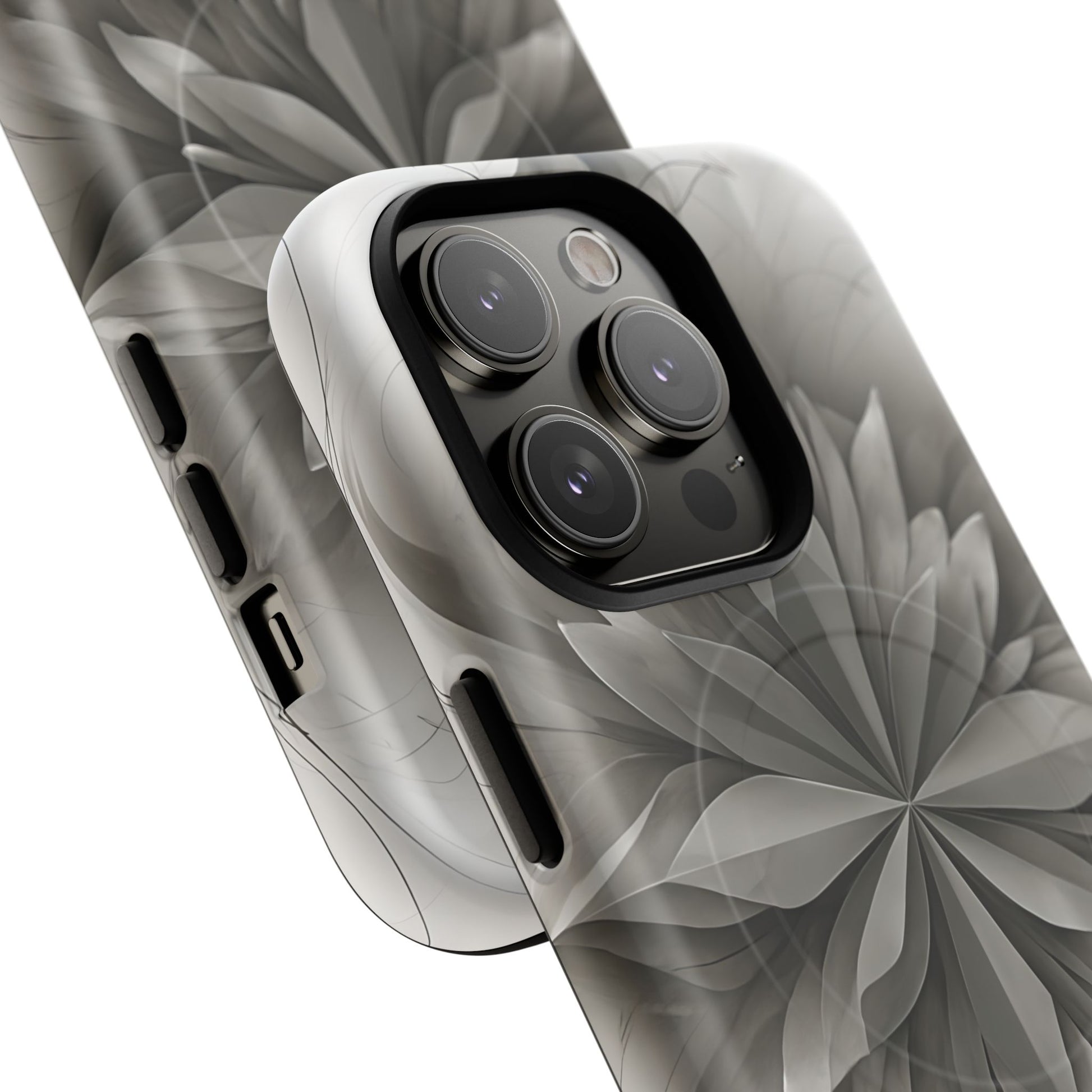Silver Lotus - Elegant Monochrome Floral iPhone 14 Pro MagSafe Phone Case - Modern Lotus Design