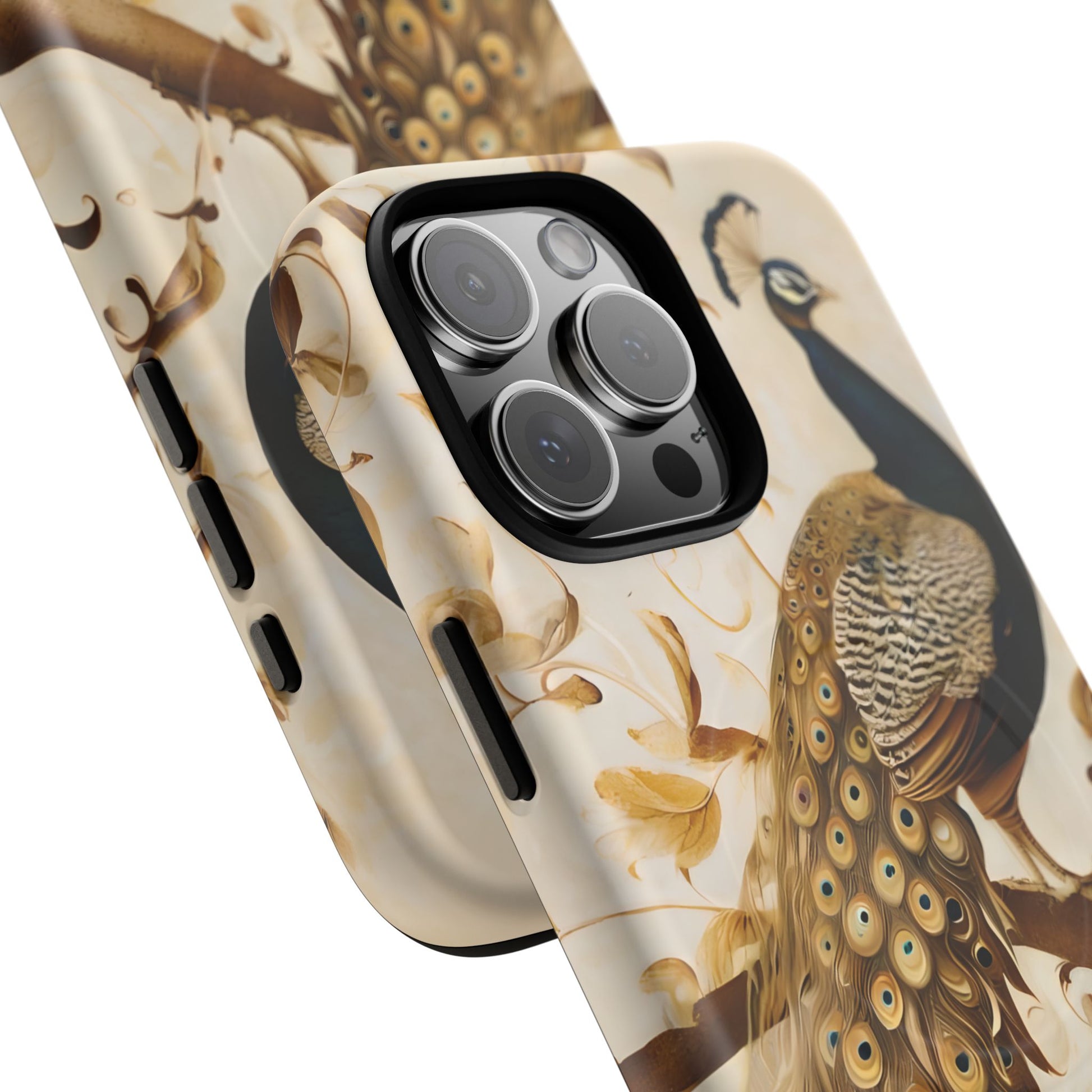 Golden Plumage - Luxe Peacock Art iPhone 16 Pro Max Phone Case - MagSafe Compatible - Elegant Gold & Cream Design