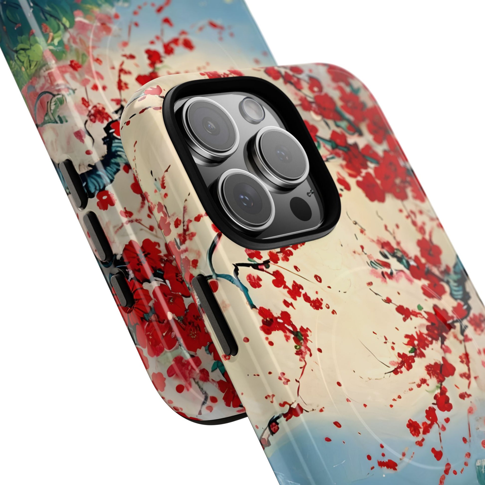 Crimson Blossom Lake - Artistic Floral Landscape iPhone 16 Pro Max MagSafe Phone Case - Red Cherry Blossoms & Serene Lake Design