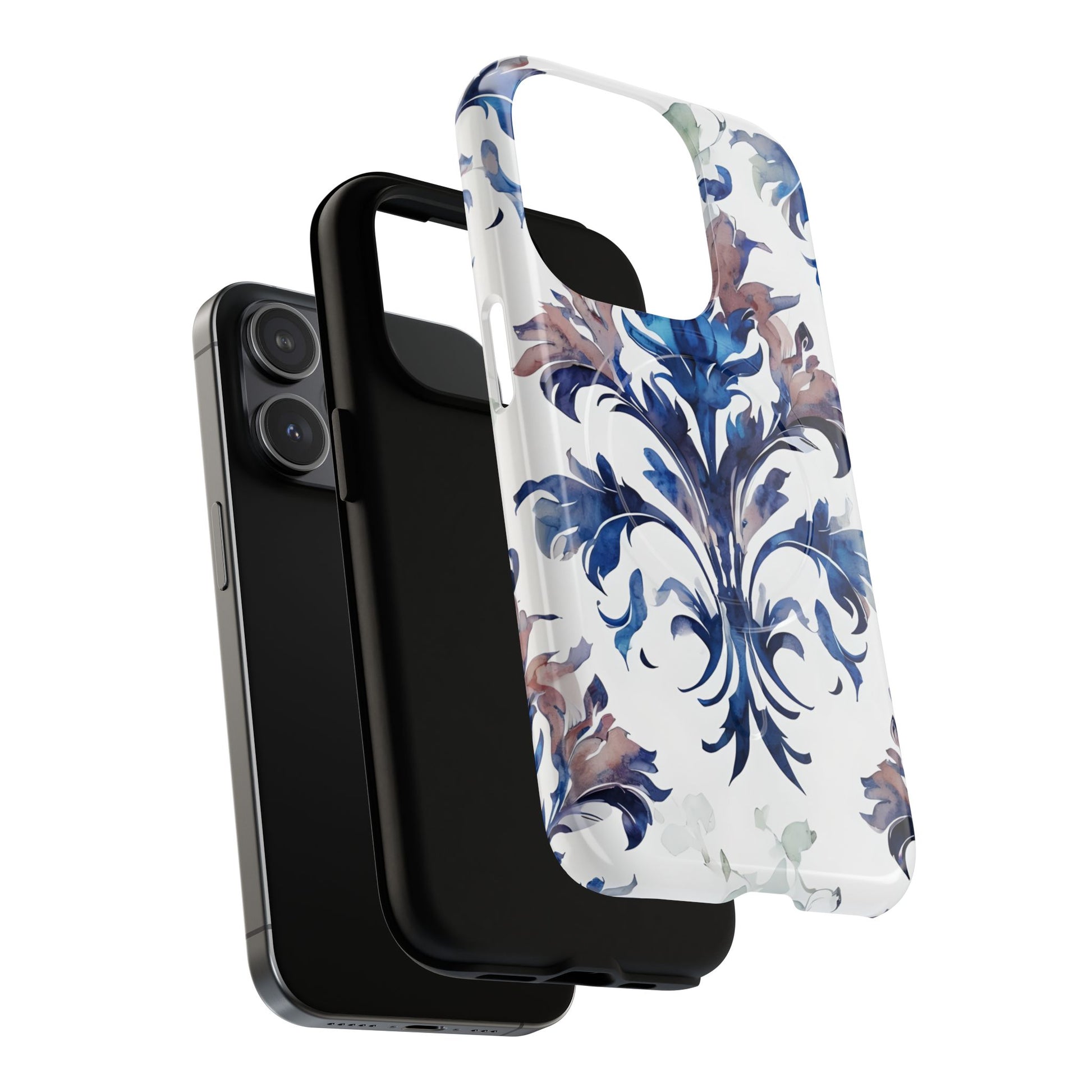 Delft Reverie - Elegant Blue & White iPhone 15 Pro MagSafe Phone Case - Dutch Delftware-Inspired Floral Design