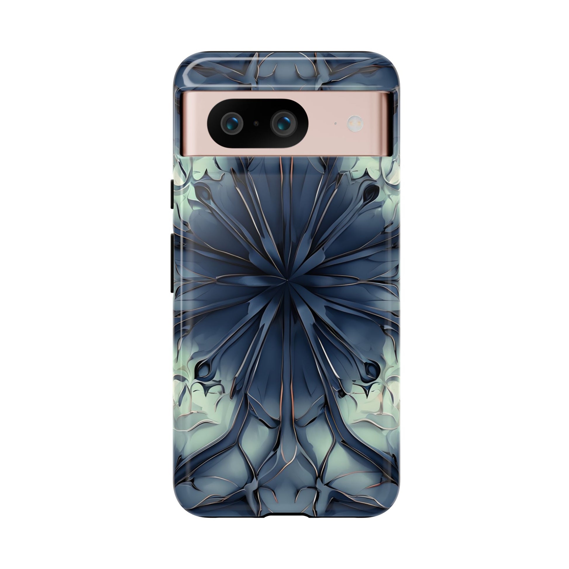 Indigo Mosaic - Artistic Kaleidoscope Collection Artistic Floral - Google Pixel 8 Tough Phone Case - Bold Blue Symmetrical Design