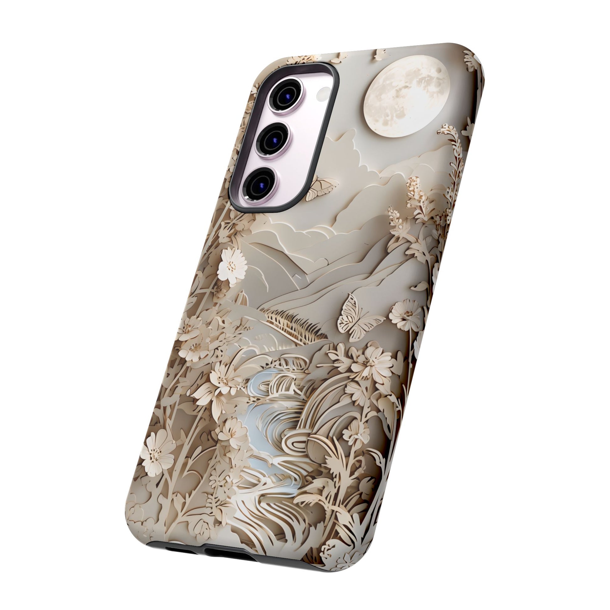 Moonlit Garden - Elegant Neutral Floral Samsung Galaxy S23 Plus Tough Phone Case - Painterly Botanical & Moon Design