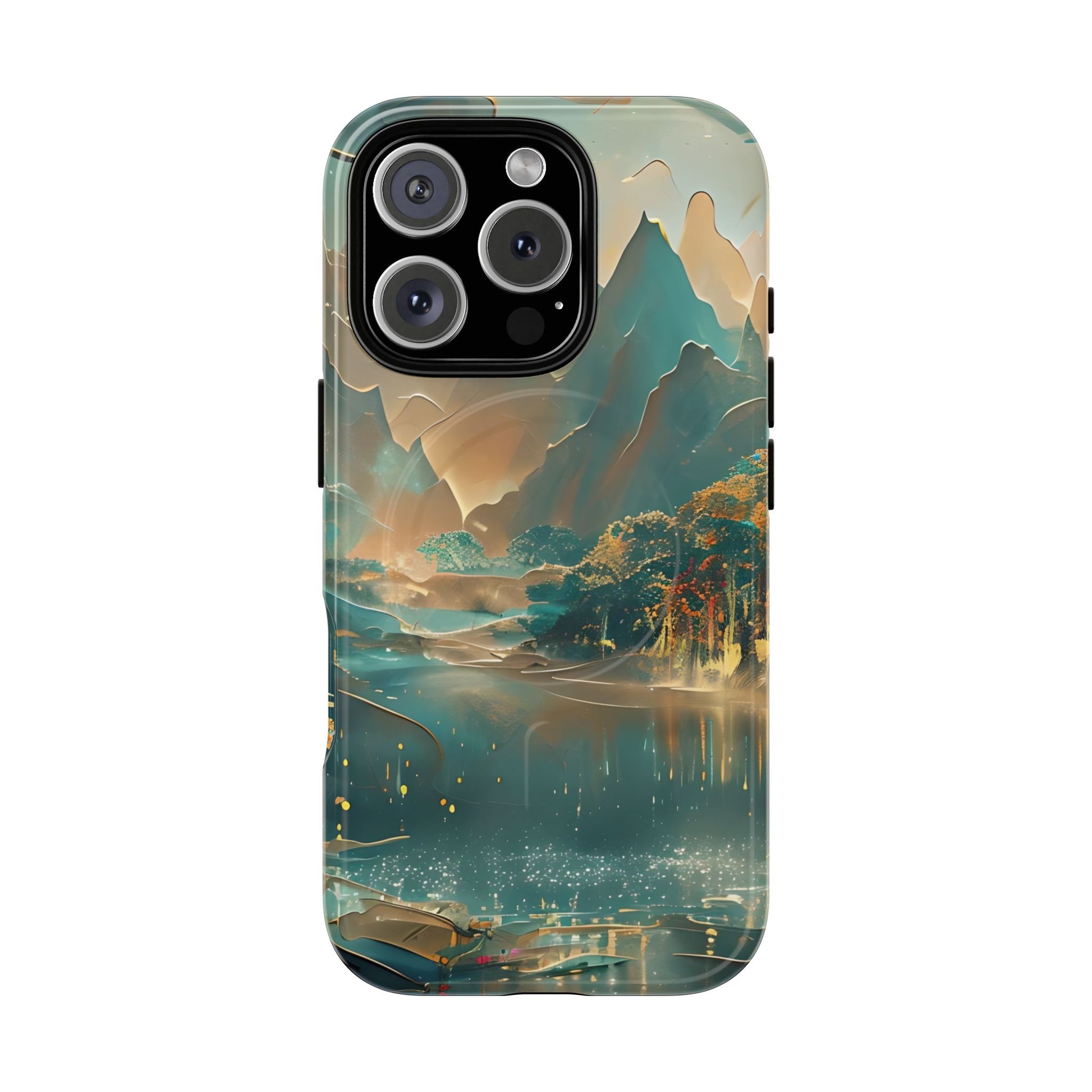 Misty Horizon - Serene Landscape Art iPhone 16 Pro MagSafe Phone Case - Tranquil Mountain & Lake Design