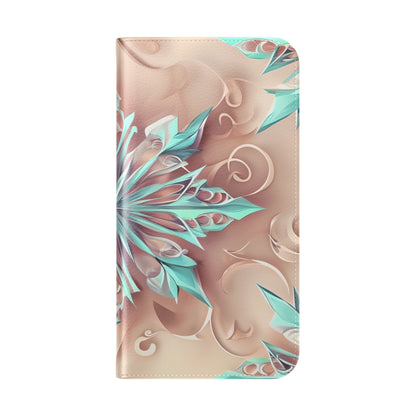 Frosted Petals iPhone Wallet Case - Soft Floral Kaleidoscope Design in Blush & Aqua