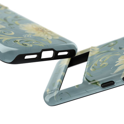 Golden Dahlia Trio - Elegant Floral Google Pixel Tough Phone Case - Artistic White & Blue Dahlia Design