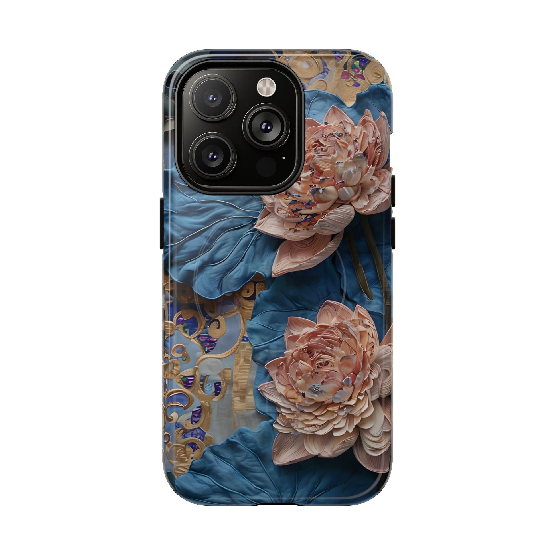 Peony Midnight Tapestry - iPhone 14 Pro - MagSafe Compatible - Elegant Blue & Blush Artful Phone Cover