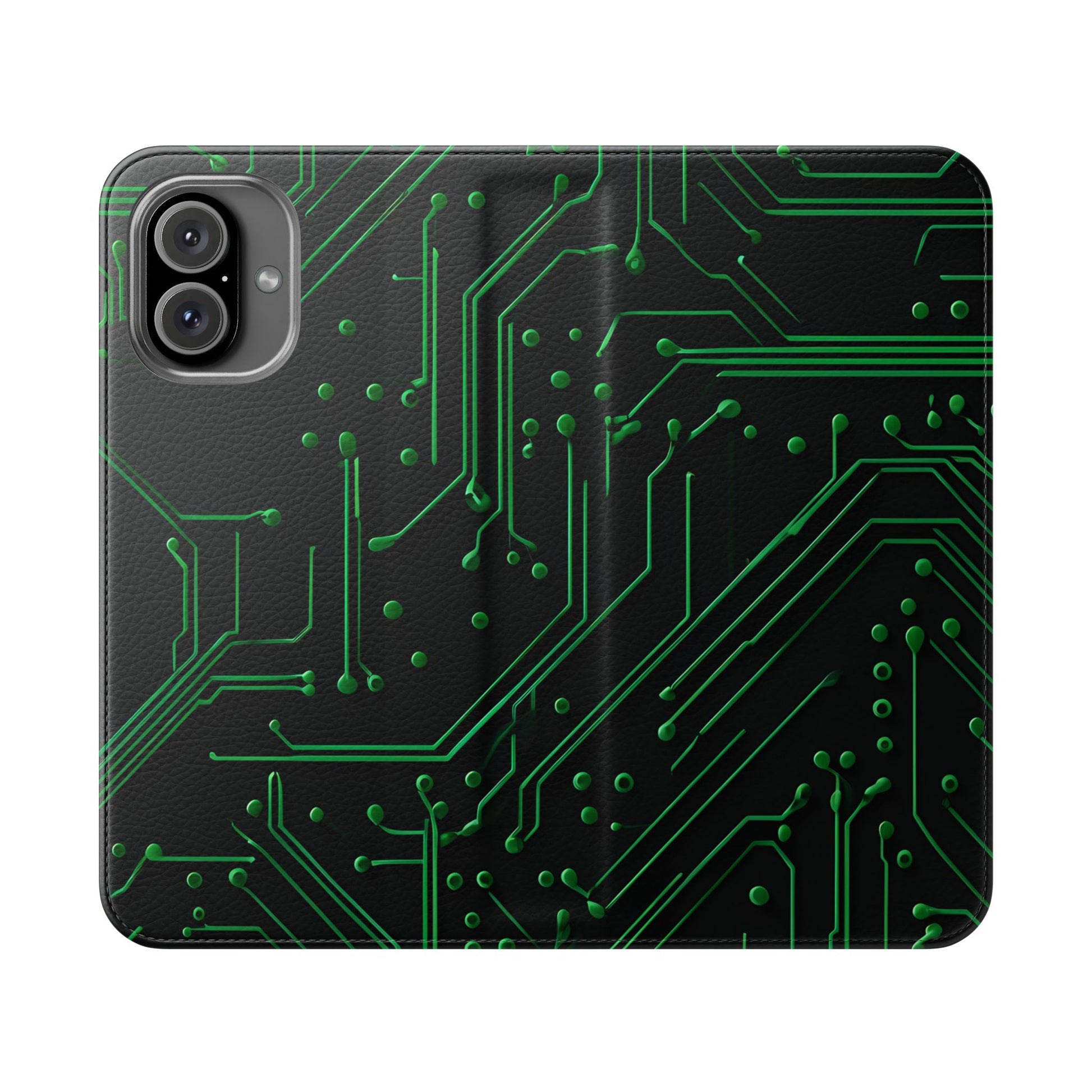 Green Circuit Grid Wallet Phone Case - Green & Black Computer Circuit Design - Flip Cover for iPhone 16 Plus
