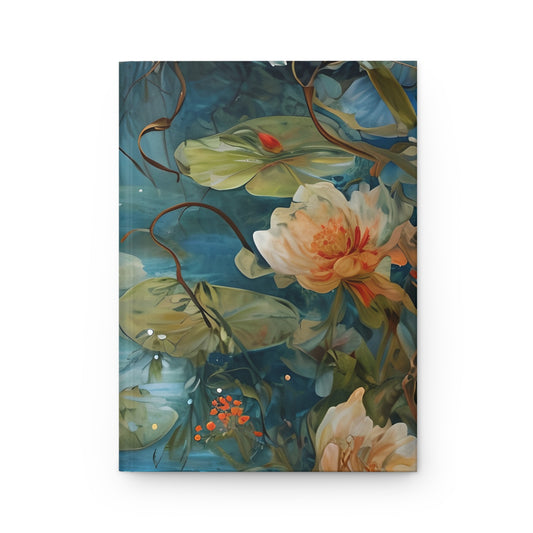 Waterlily Nocturne hardcover journal with serene waterlily pond artwork in deep blue and soft floral tones