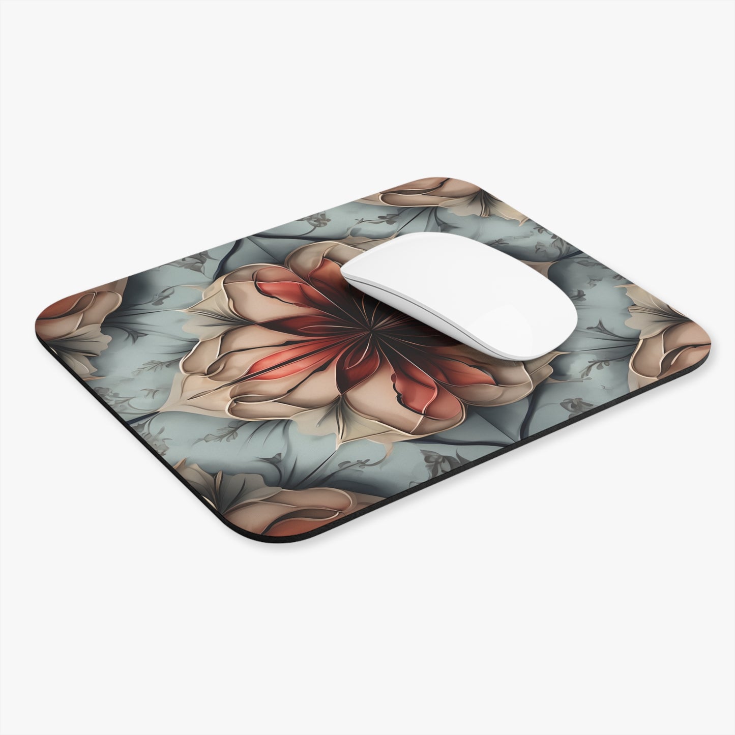 Ember Bloom mouse pad in workspace with mouse showing vibrant red flower design