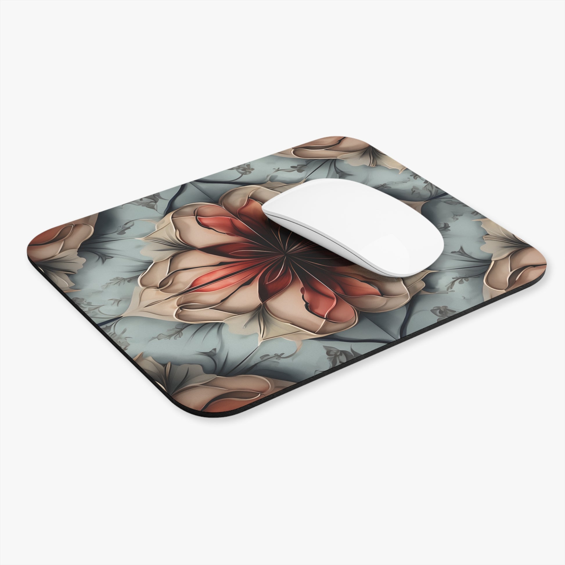 Ember Bloom mouse pad in workspace with mouse showing vibrant red flower design