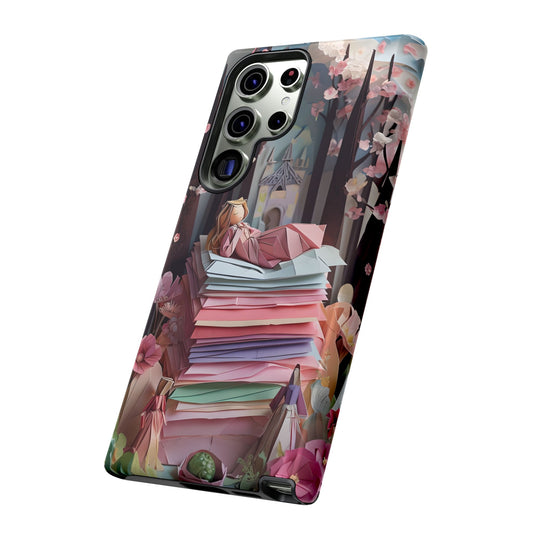 A Good Night’s Sleep Samsung Galaxy phone case angled view featuring dreamy scene of girl napping on colorful origami paper stack