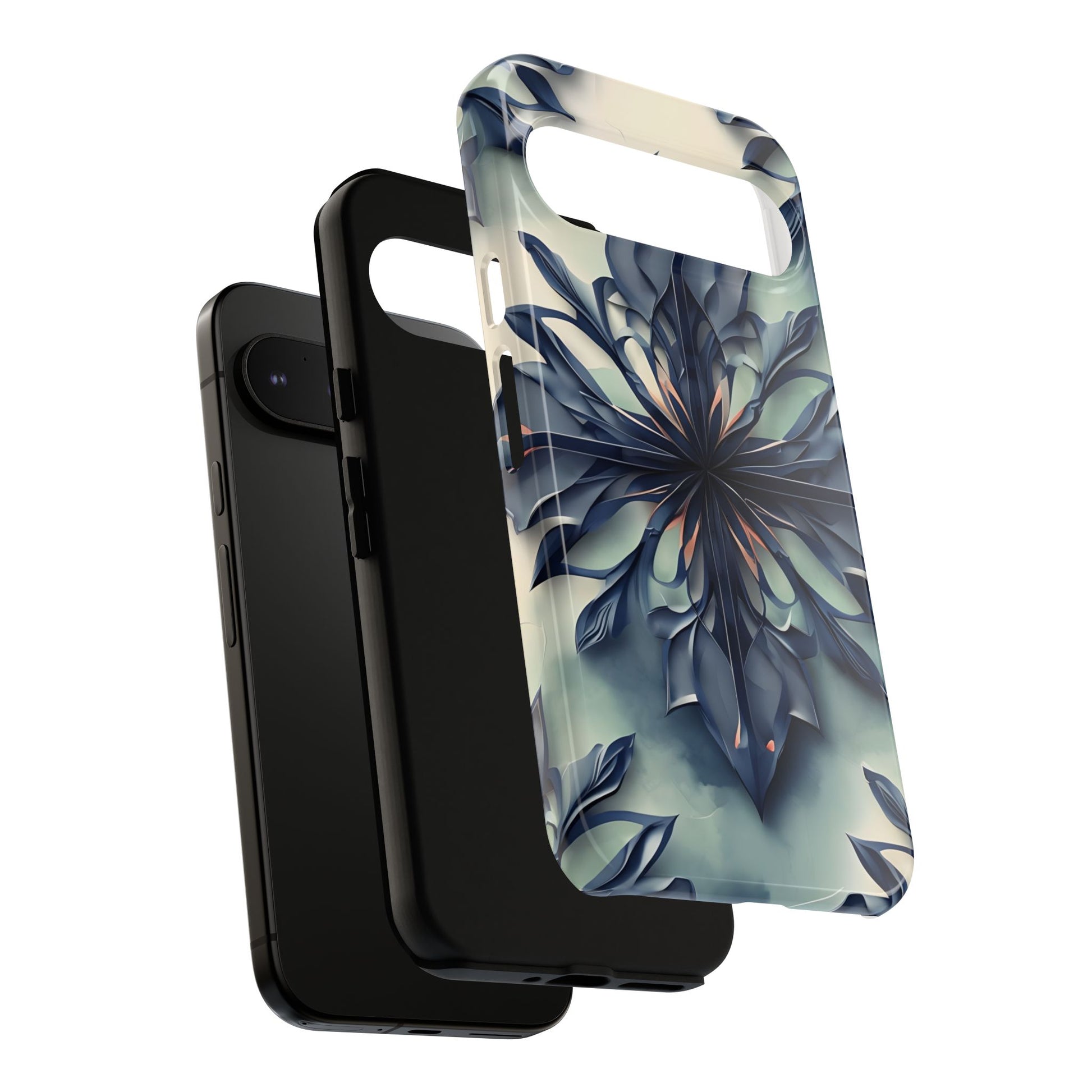 Frosted Indigo Bloom - Artistic Kaleidoscope Collection Artistic Floral - Google Pixel 9 Pro XL Tough Phone Case - Blue Symmetrical Design