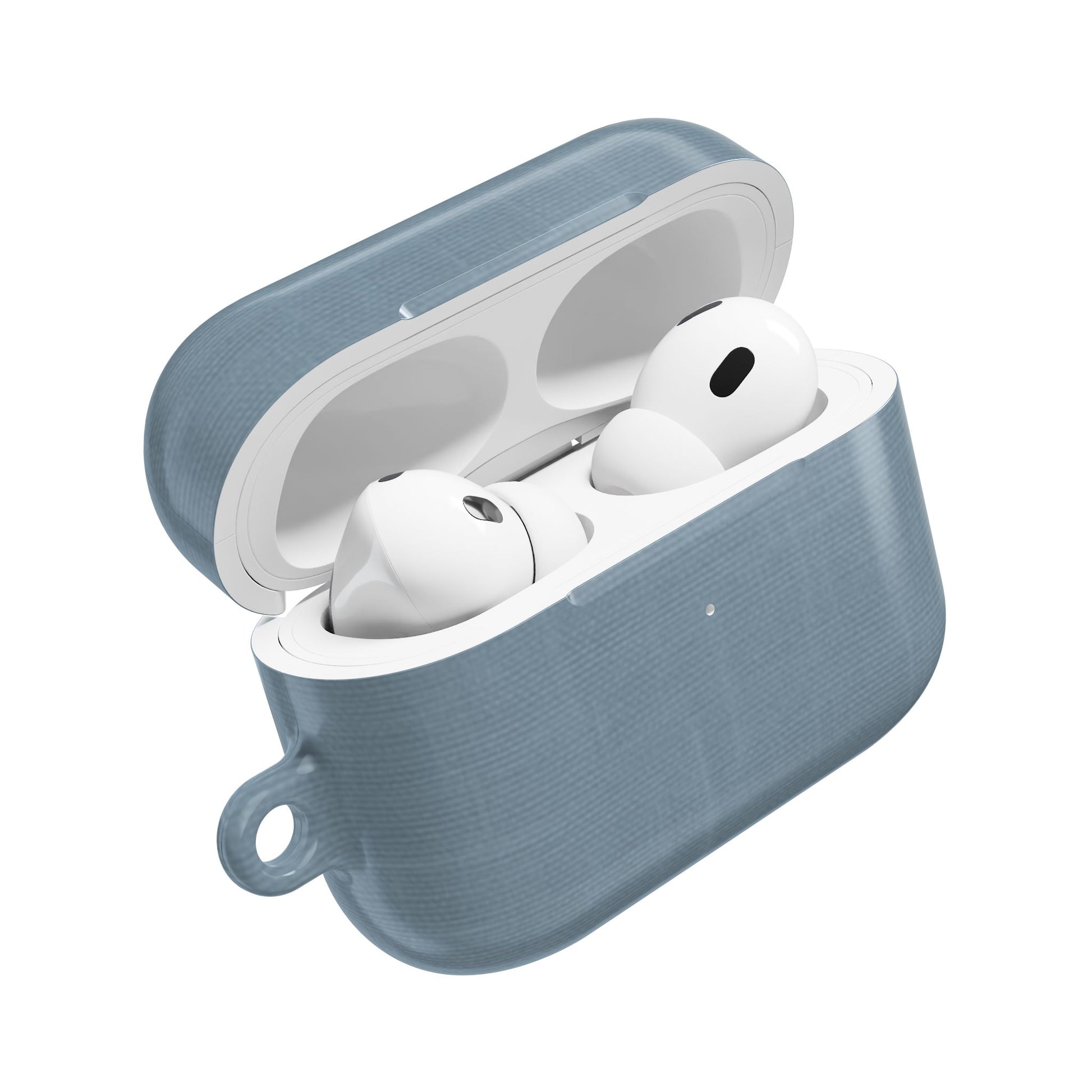 Blue Grey Linen AirPods case open showing protective cover with blue grey linen texture