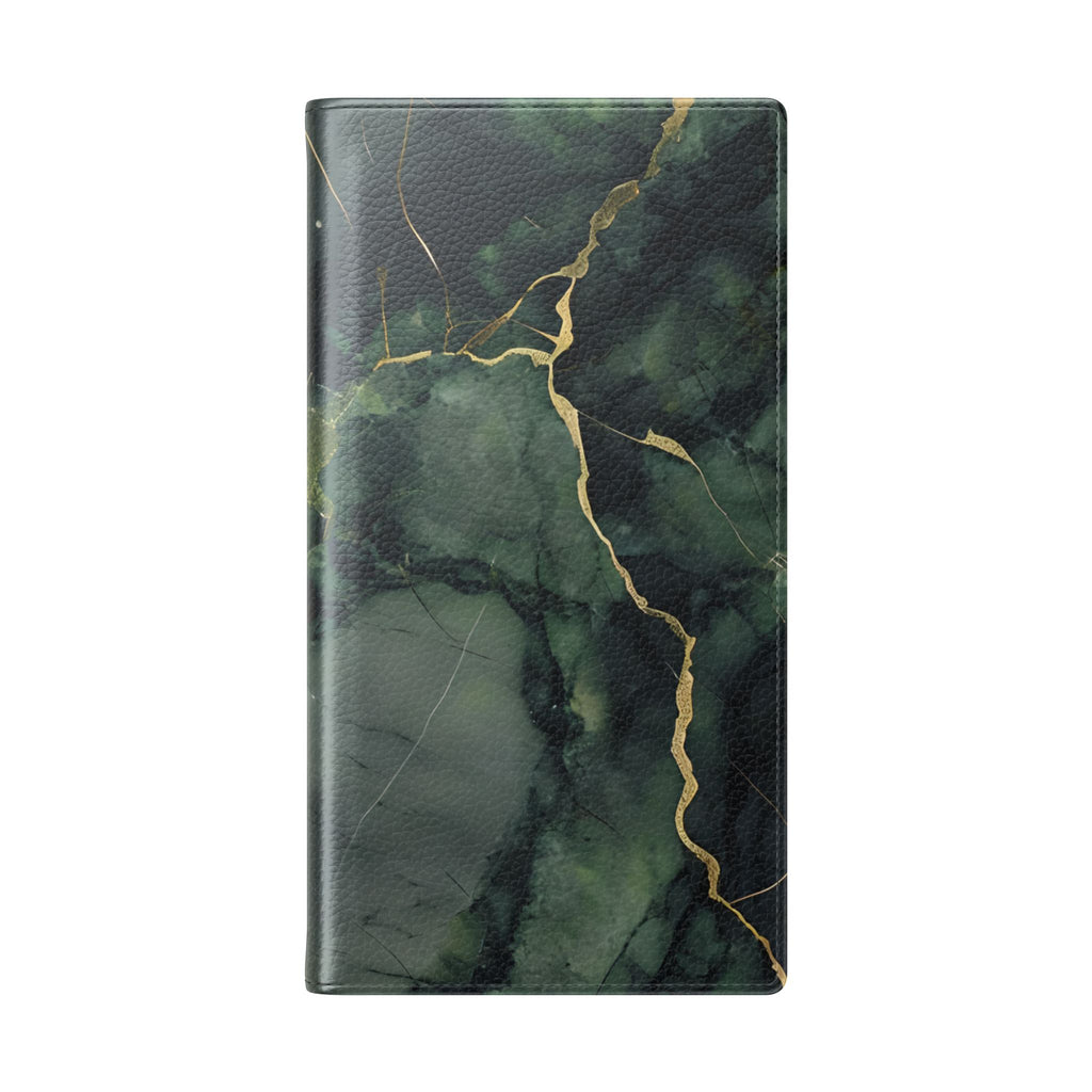 Verdant Vein - Flip Phone Case for Samsung Galaxy S23 Ultra - Green and Gold Marble Design