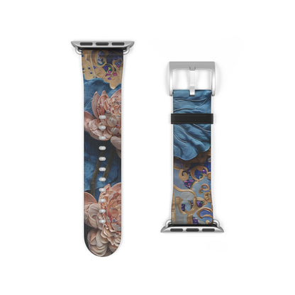 Peony Midnight Tapestry Apple Watch band floral tapestry design shown with silver clasp