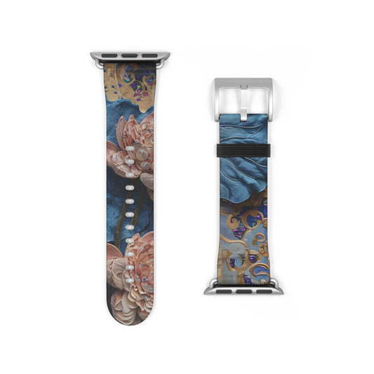 Peony Midnight Tapestry Apple Watch band floral tapestry design shown with silver clasp