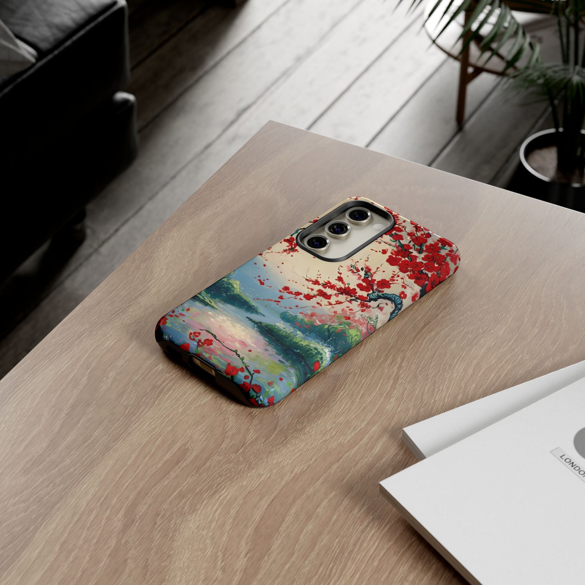 Crimson Blossom Lake - Artistic Floral Landscape Samsung Galaxy S23 Tough Phone Case - Red Cherry Blossoms & Serene Lake Design