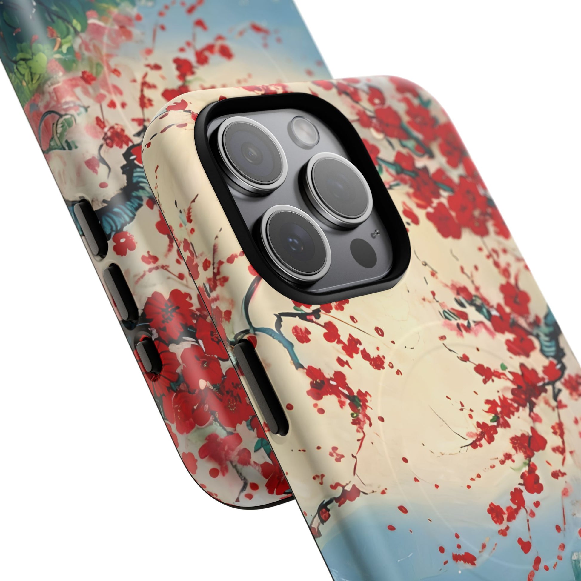 Crimson Blossom Lake - Artistic Floral Landscape iPhone 15 Pro Max MagSafe Phone Case - Red Cherry Blossoms & Serene Lake Design
