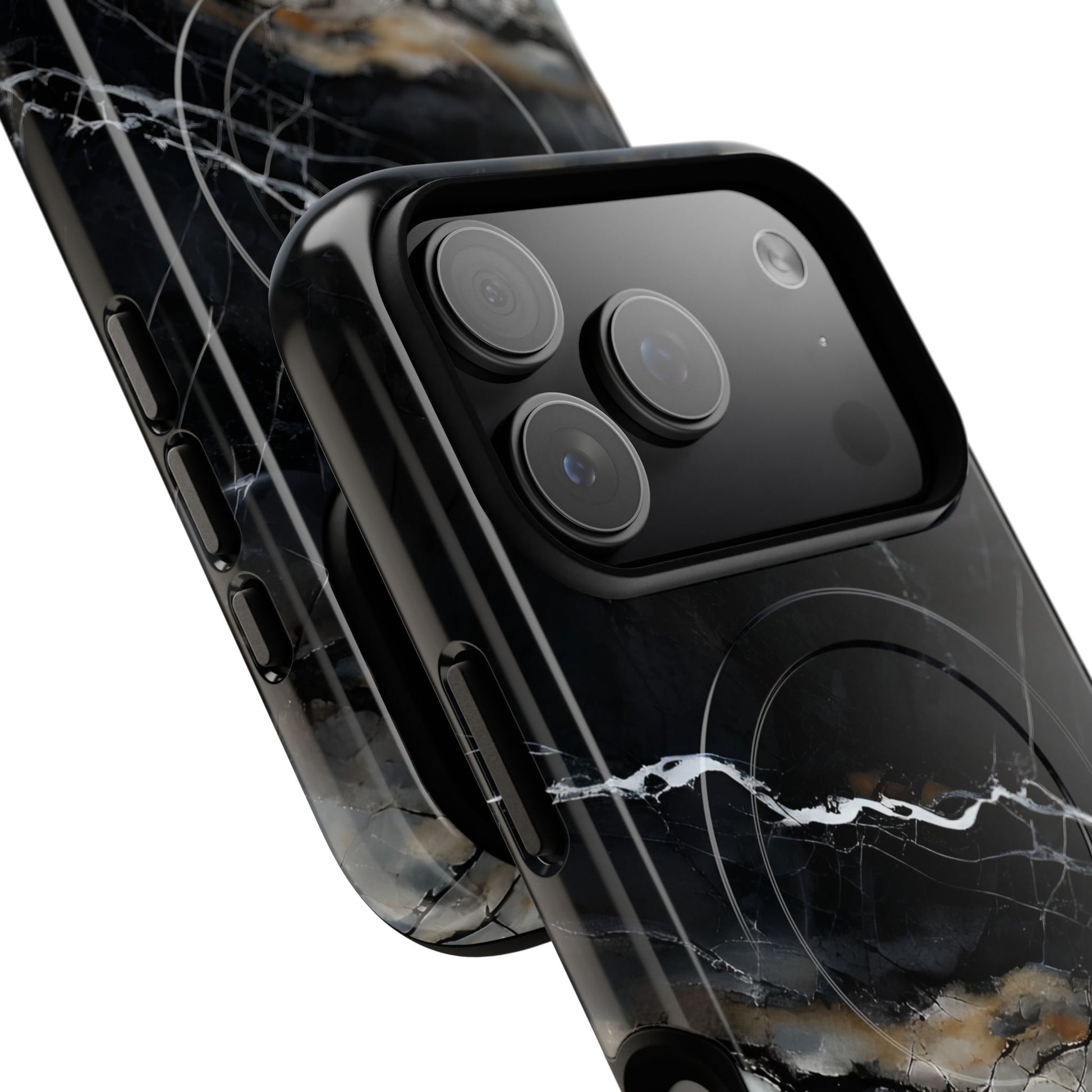 Angled view of Obsidian Vein iPhone MagSafe protective phone case with large camera cutout