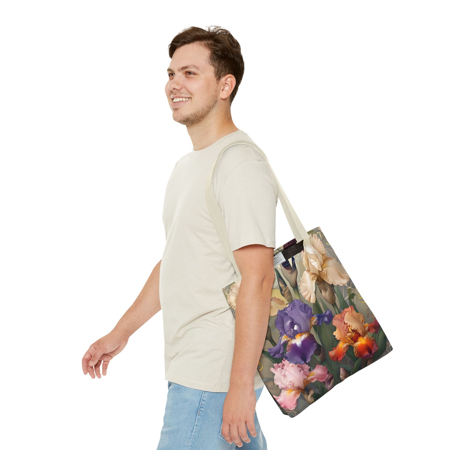 Iris Reverie Tote Bag (16x16 & 18x18)- Vintage Beige Canvas with Soft Purple, Pink and Orange Irises, Reusable & Eco-Friendly