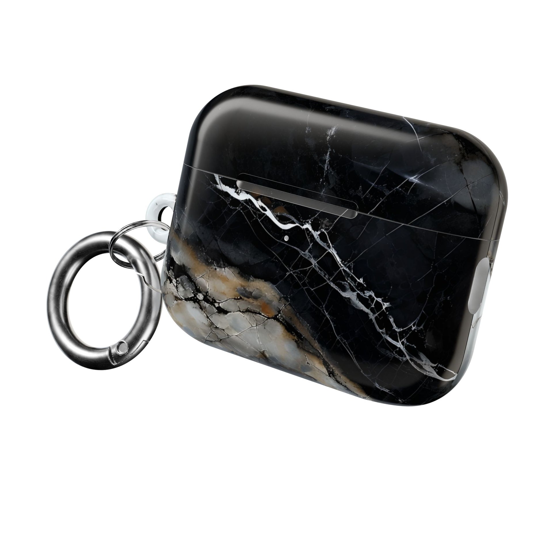 Obsidian Vein AirPods protective case with black marble design and attached carabiner clip