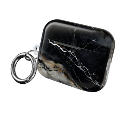 Obsidian Vein AirPods protective case with black marble design and attached carabiner clip