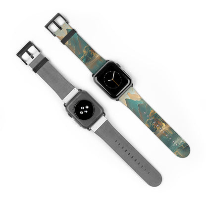 Misty Horizon Apple Watch bands shown on two watches front and back highlighting layered mountain horizon artwork