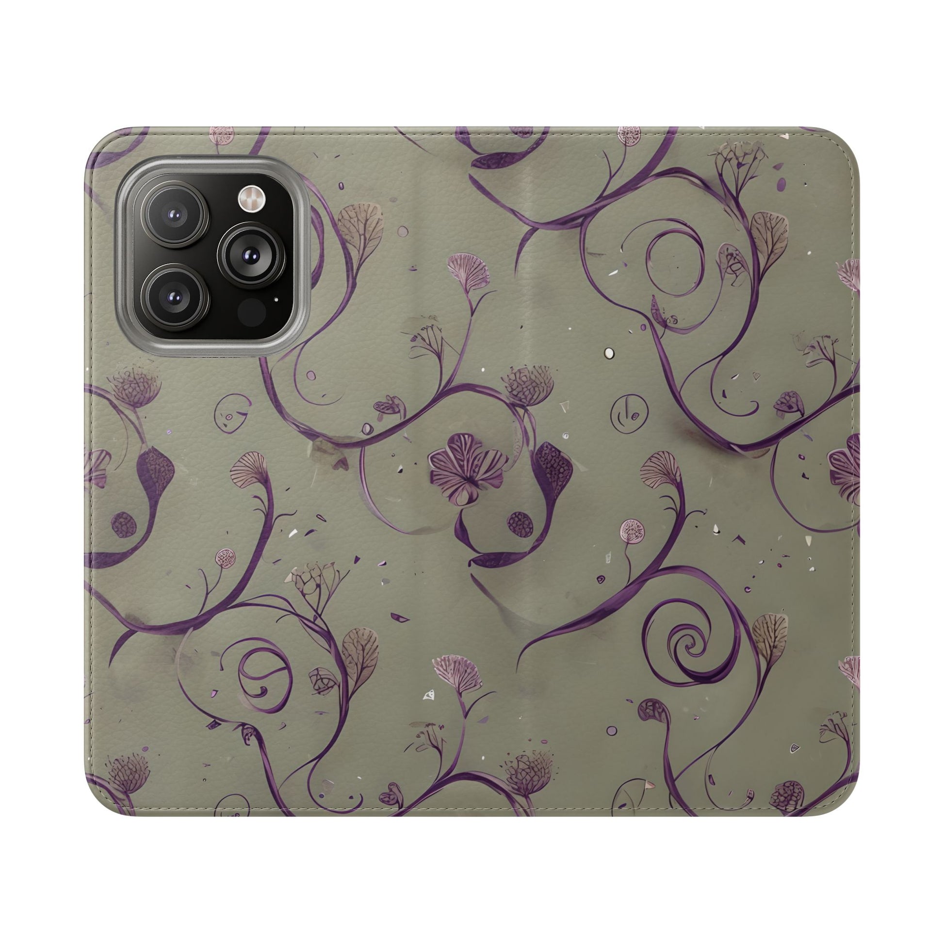 Twilight Thistle Bloom Wallet Phone Case - Elegant Purple Floral Vine Flip Cover for iPhone 14 Pro