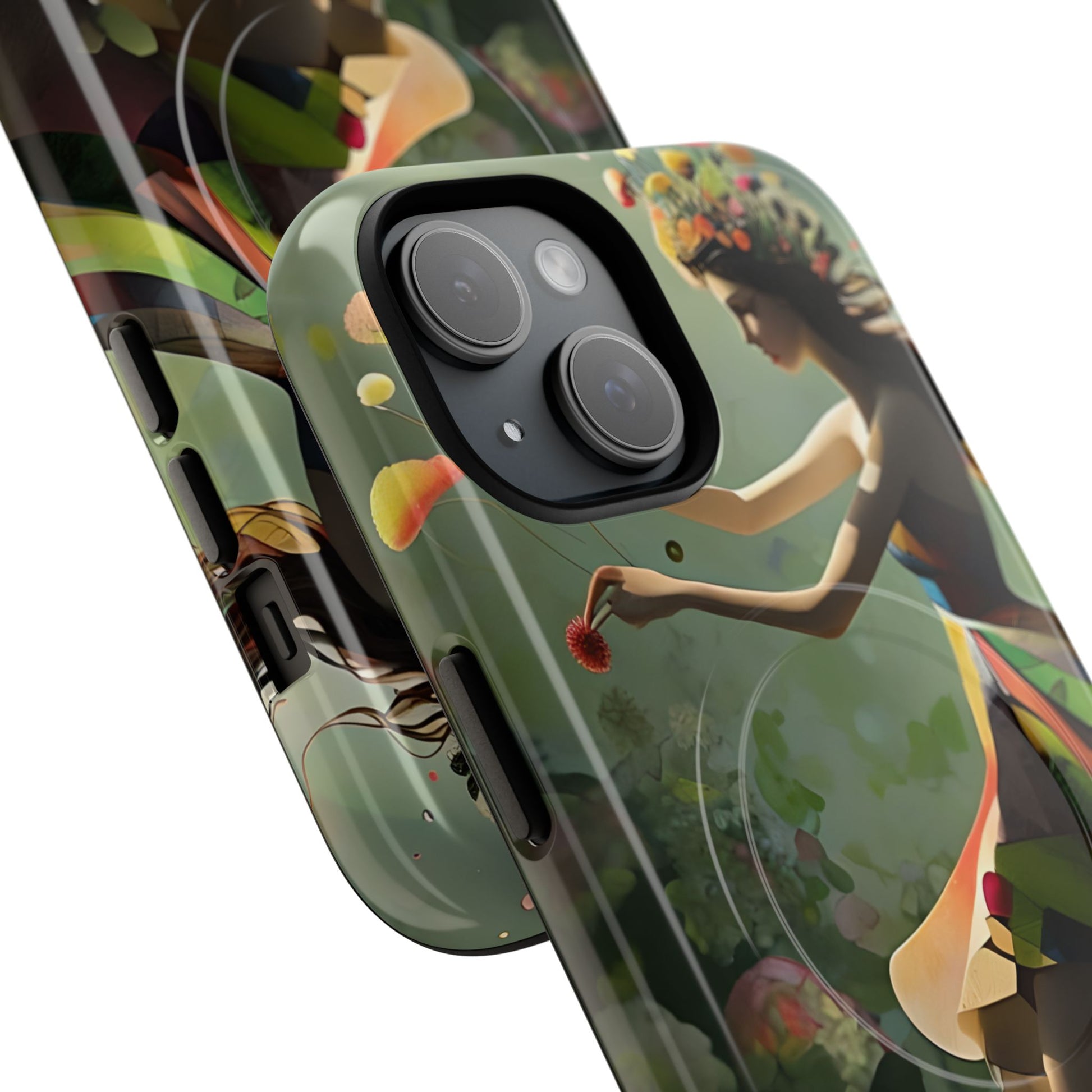 Dancing Wildflower Muse iPhone 15 - Artistic Floral Fantasy Cover - MagSafe Compatible - Whimsical Nature-Inspired Protective Accessory