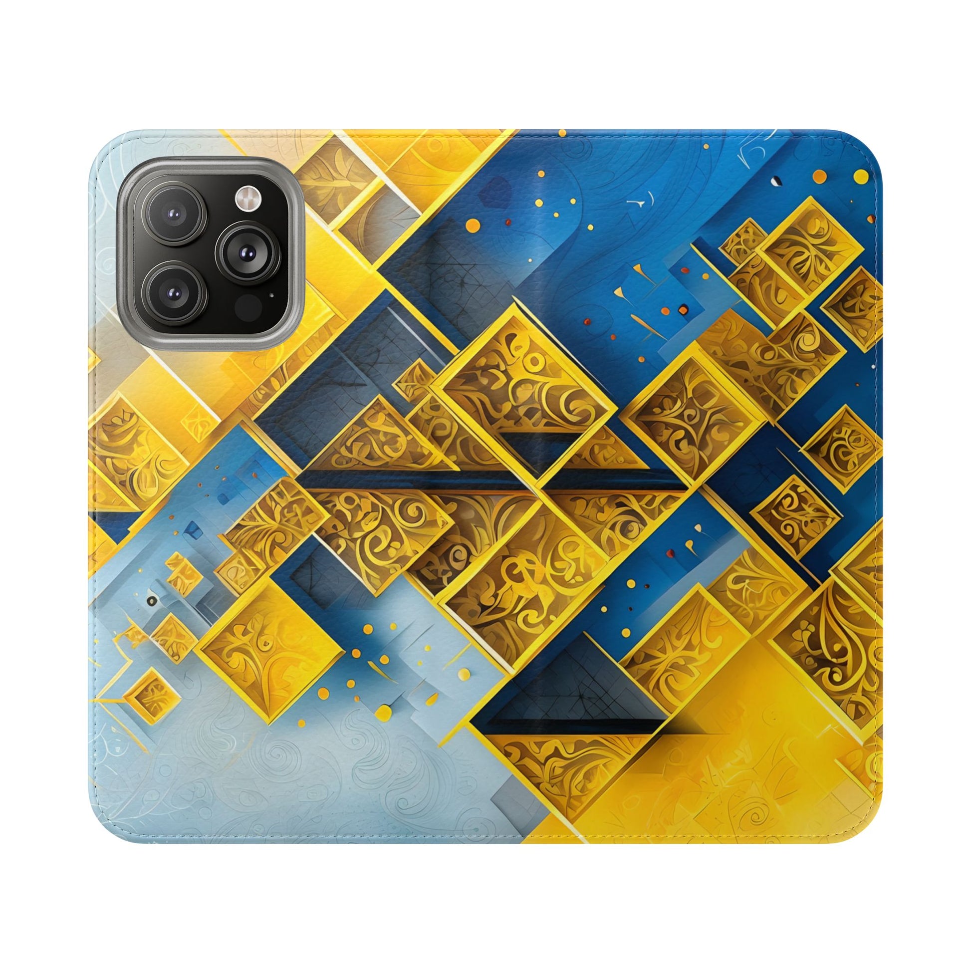 Golden Ascent Wallet Phone Case - Abstract Yellow & Blue Flip Cover for iPhone 14 Pro Max
