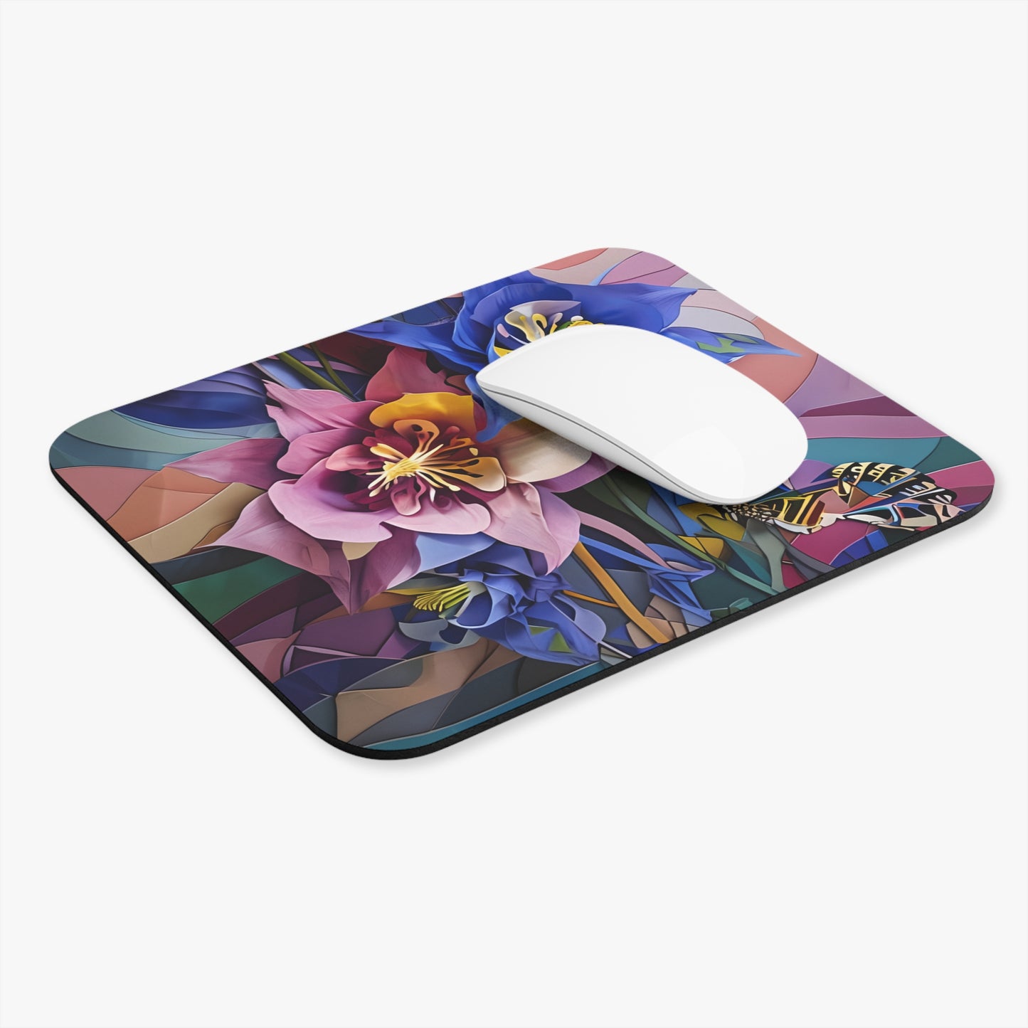 Blue Columbine Carnivale mouse pad in workspace with mouse showing colorful floral design