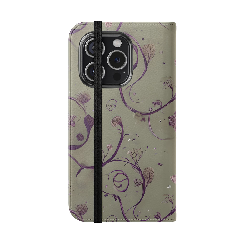 Twilight Thistle Bloom Wallet Phone Case - Elegant Purple Floral Vine Flip Cover for iPhone 15 Pro