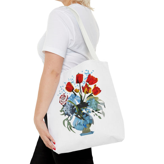 Bouquet Brilliance canvas tote bag worn over shoulder showing colorful flower bouquet artwork