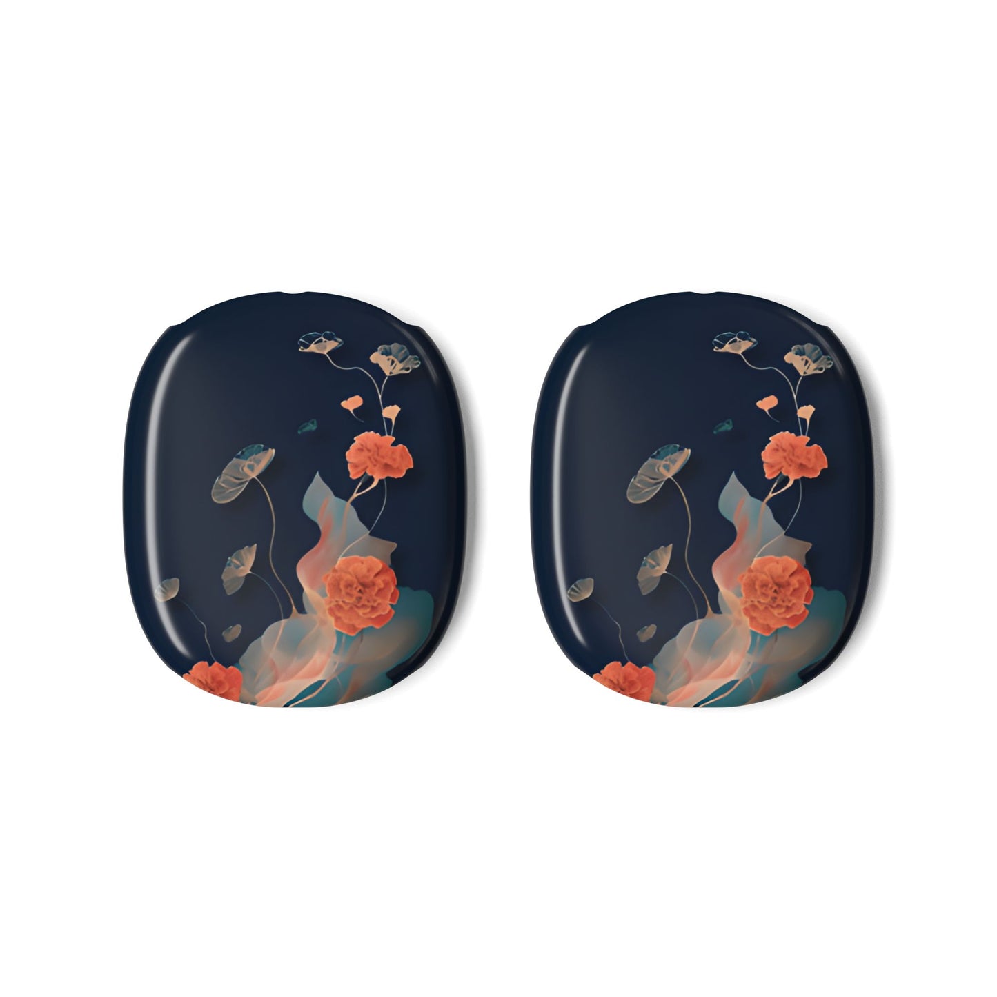 Lotus Reverie AirPods Max ear cup covers with soft coral lotus blossoms and leaves on dark blue, flat product view