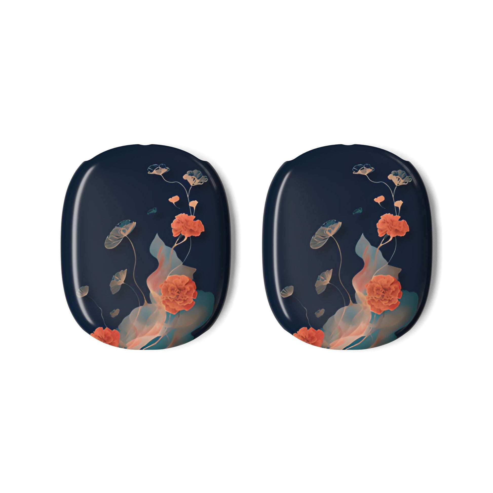 Lotus Reverie AirPods Max ear cup covers with soft coral lotus blossoms and leaves on dark blue, flat product view