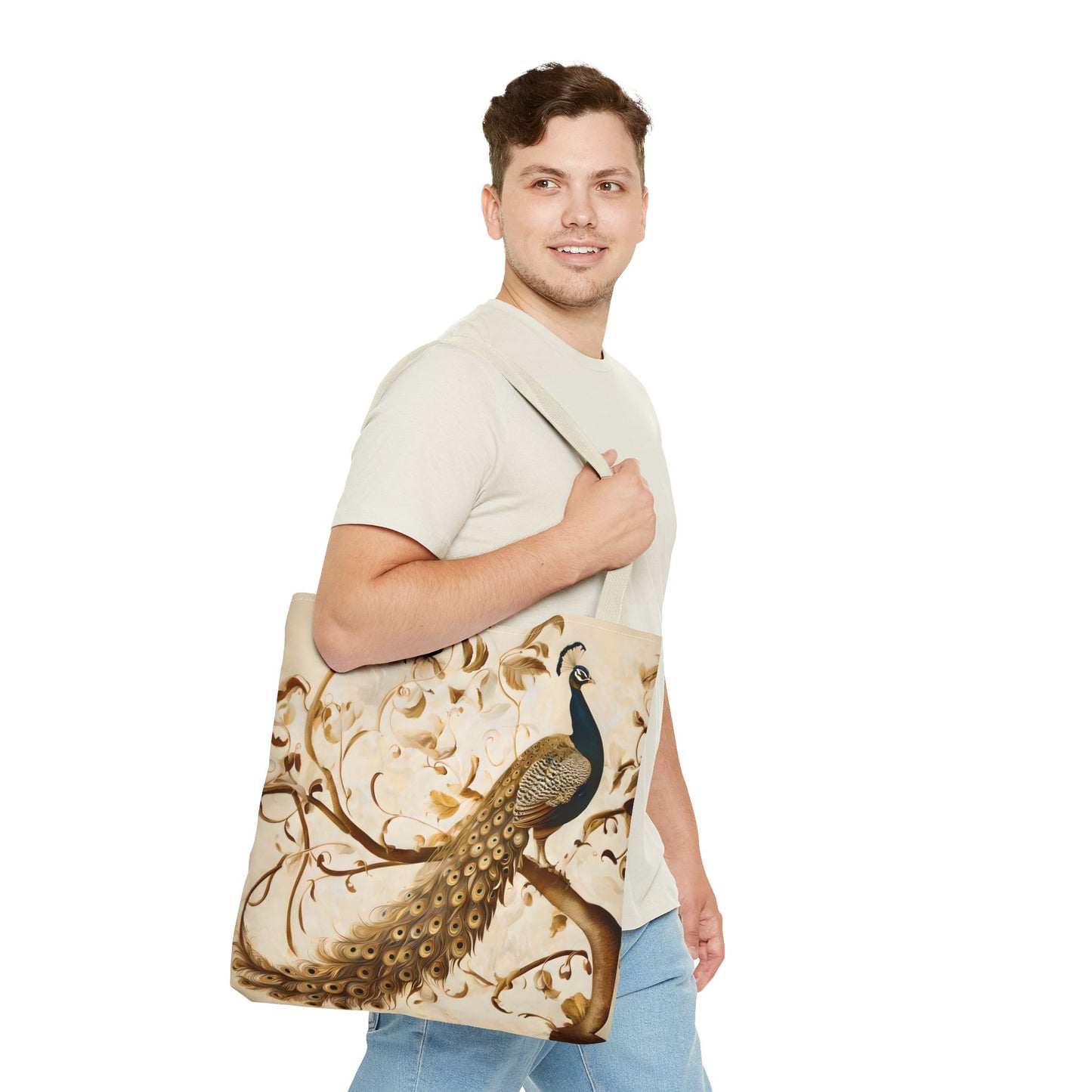 Golden Plumage Tote (16x16 & 18x18)- Elegant Cream and Gold Design, Reusable & Eco-Friendly