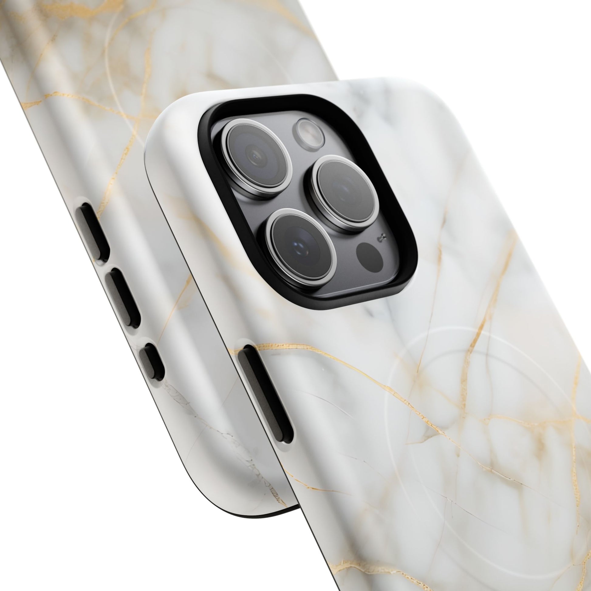 Golden Vein iPhone 15 Pro Max MagSafe Phone Case -White Neutral Marble Design