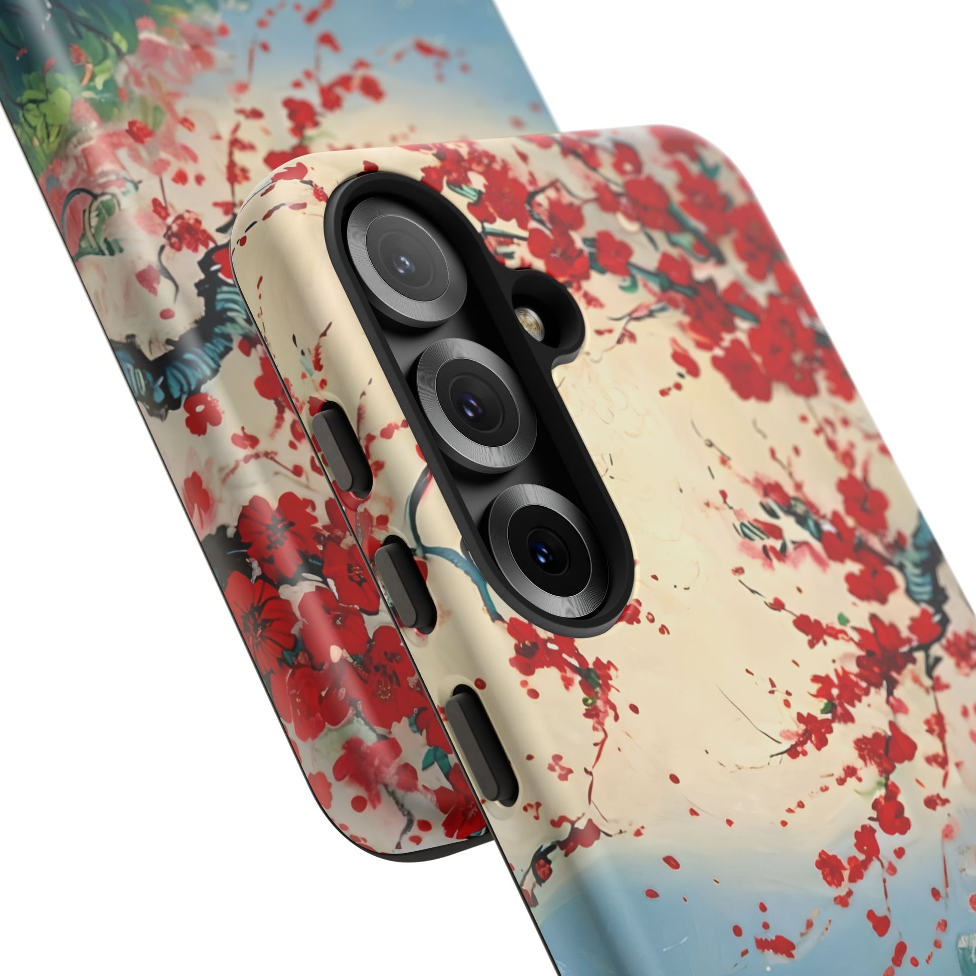 Crimson Blossom Lake - Artistic Floral Landscape Samsung Galaxy S25 Tough Phone Case - Red Cherry Blossoms & Serene Lake Design