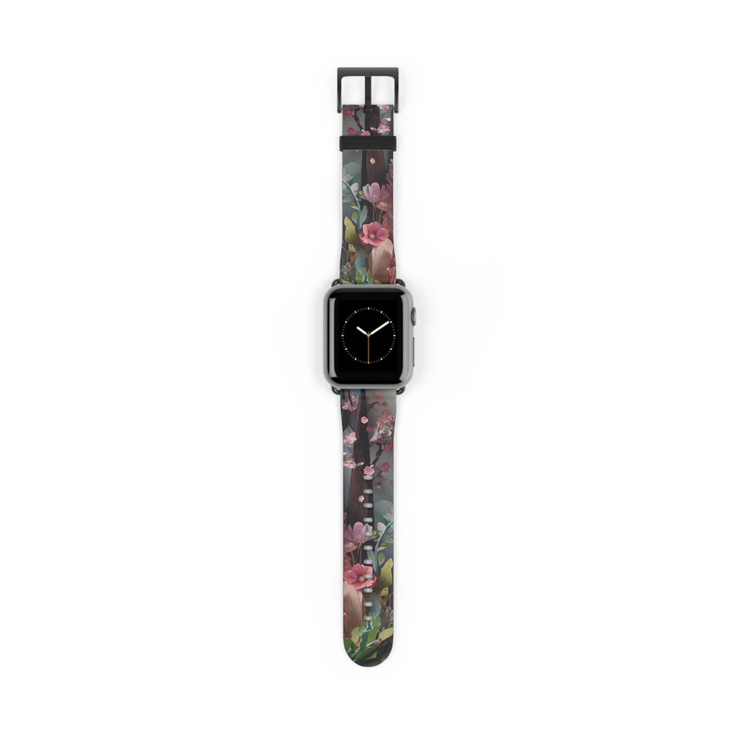 A Good Night’s Sleep Apple Watch band with watch face featuring delicate pink floral artwork on a dark background
