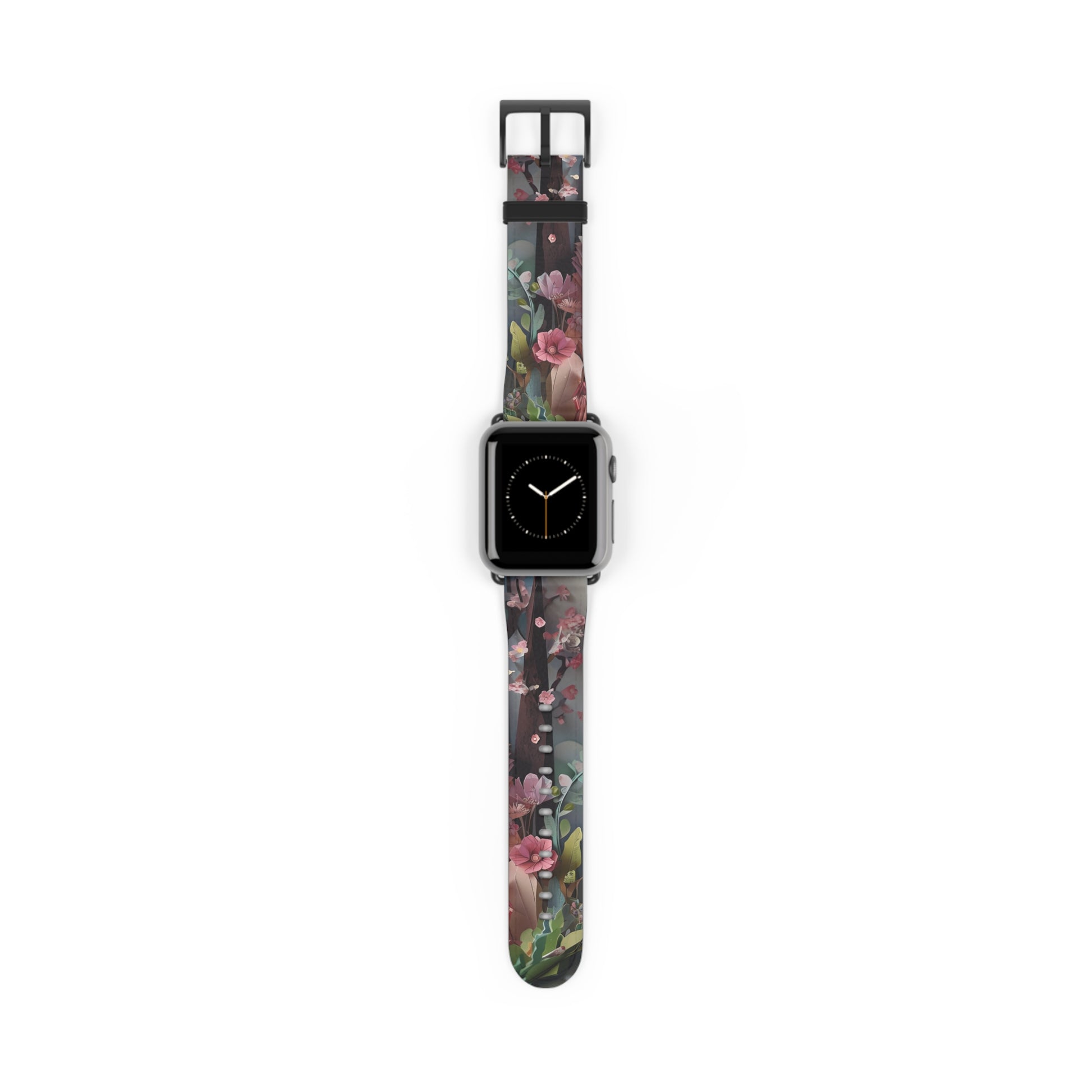 A Good Night’s Sleep Apple Watch band with watch face featuring delicate pink floral artwork on a dark background