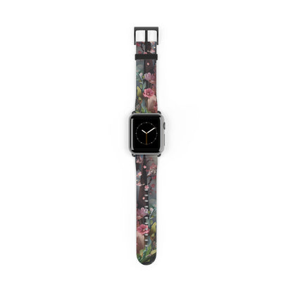 A Good Night’s Sleep Apple Watch band with watch face featuring delicate pink floral artwork on a dark background