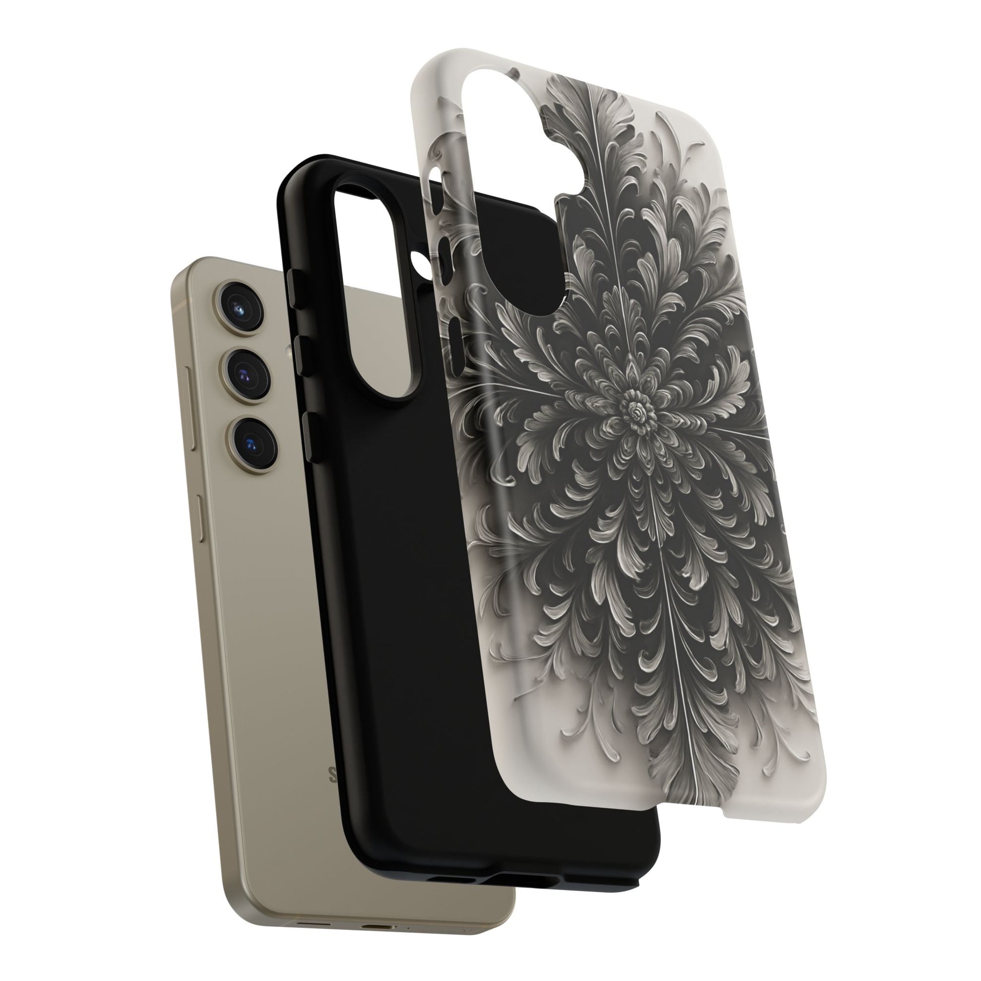 Obsidian Bloom - Elegant Black & White Samsung Galaxy S24 Tough Phone Case - Intricate Mandala Flower Design