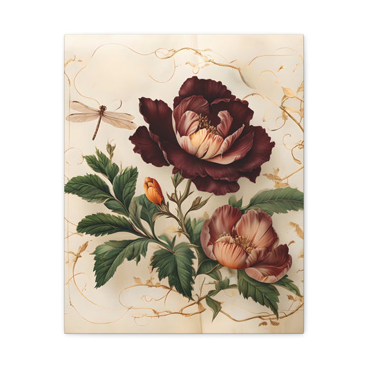 Vintage Burgundy Rose wall art canvas featuring deep burgundy roses with botanical leaves on a classic cream background