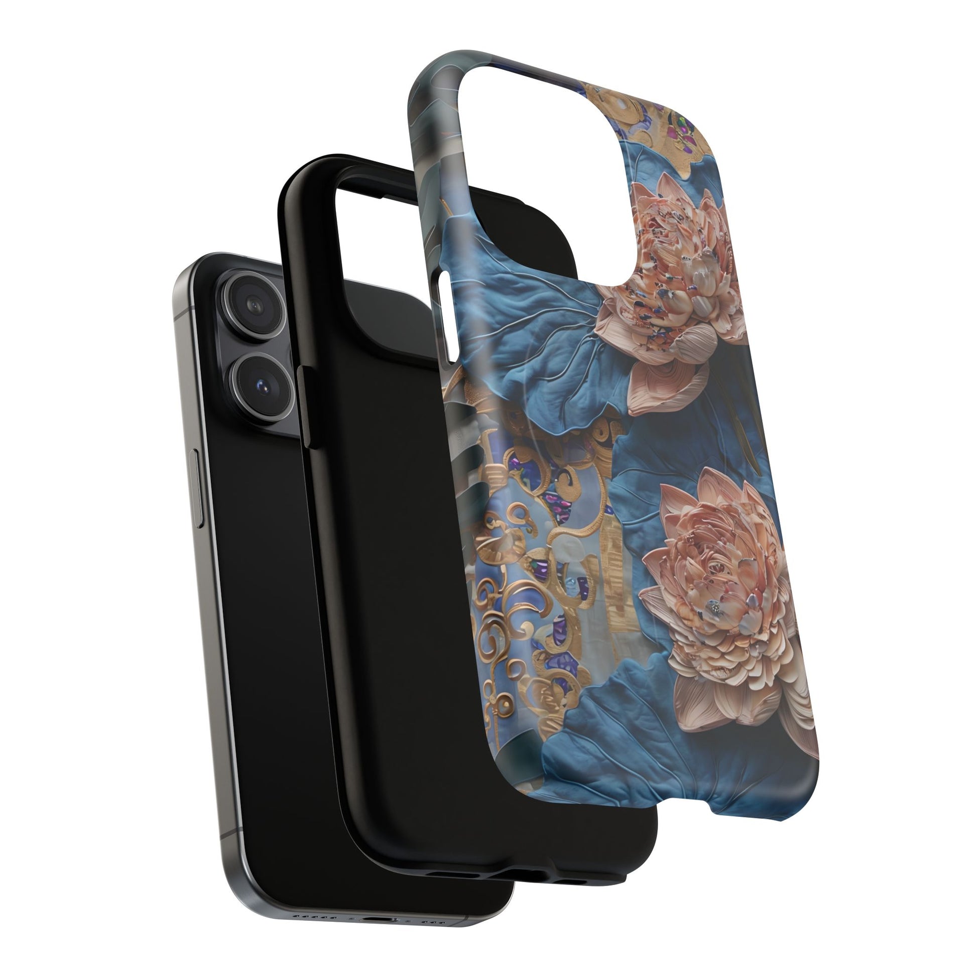 Peony Midnight Tapestry - iPhone 15 Pro - MagSafe Compatible - Elegant Blue & Blush Artful Phone Cover