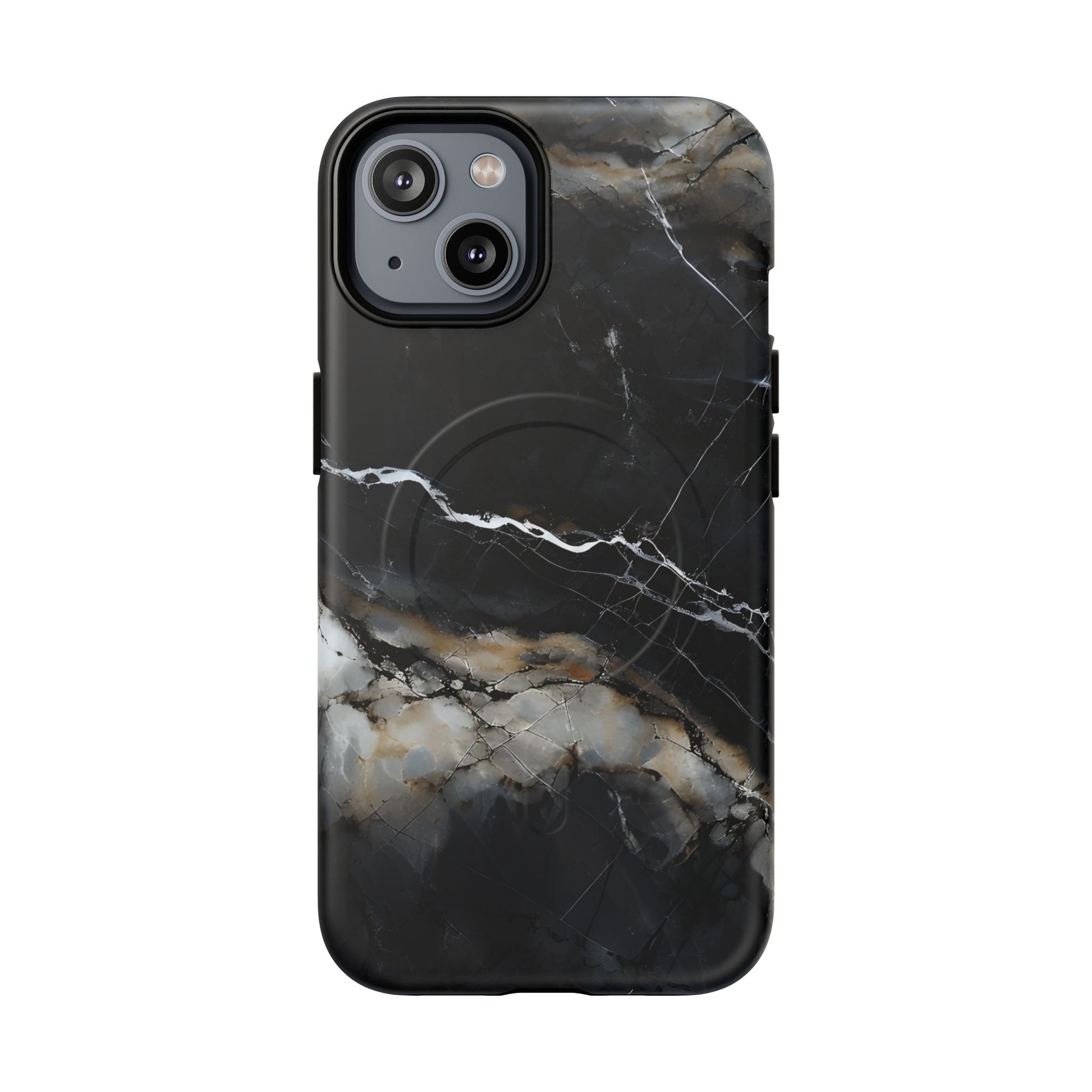 Obsidian Vein iPhone 14 MagSafe Phone Case -Black Neutral Marble Design